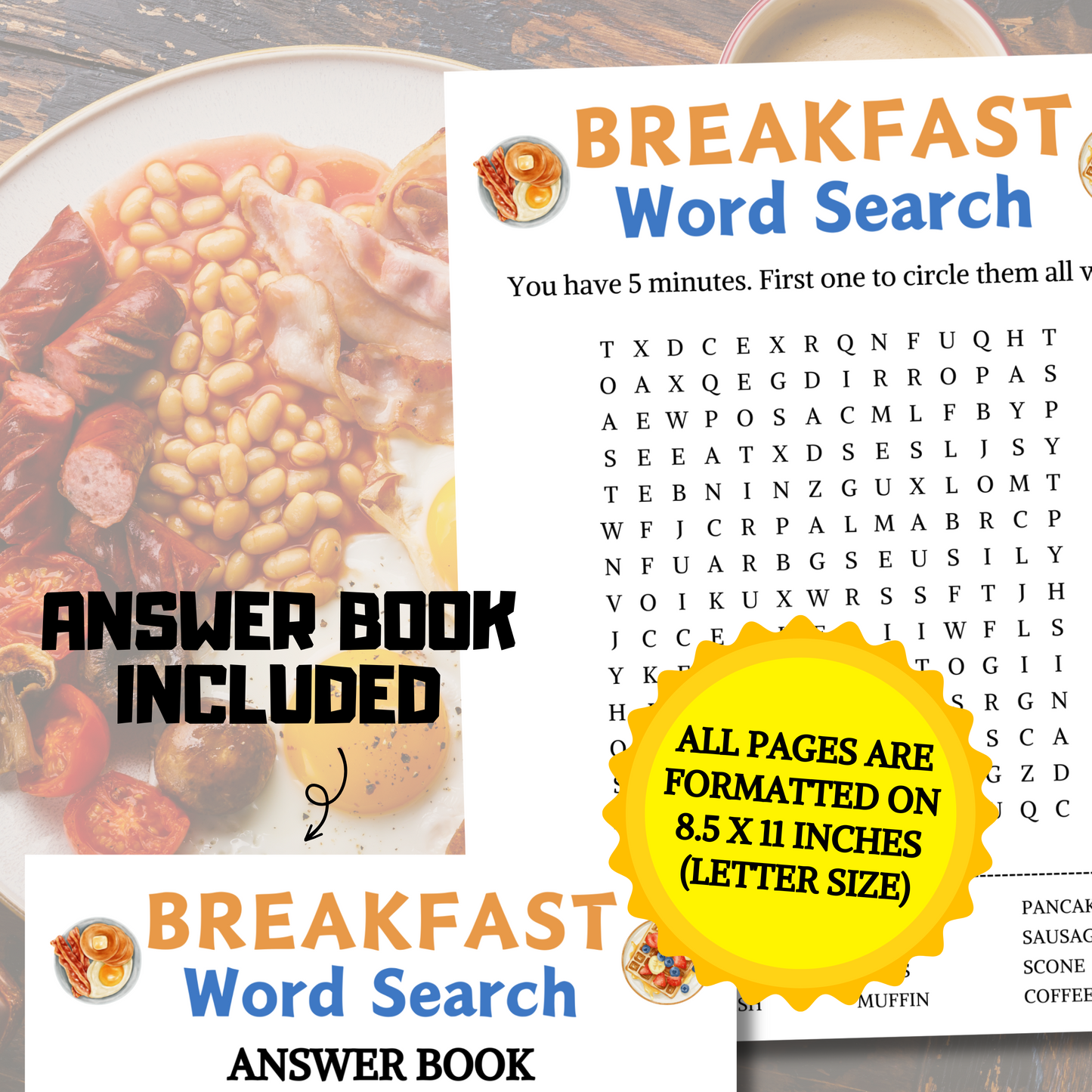 Breakfast Word Search Game | Minimalist Breakfast Party Word Find Game