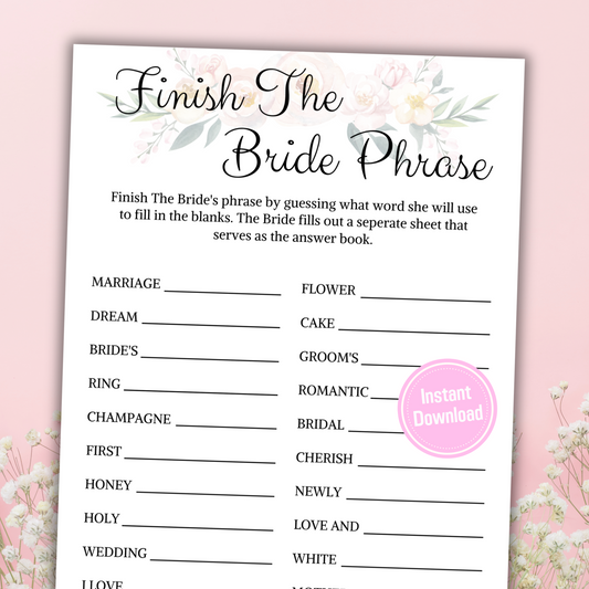 Bridal Shower Finish The Brides Phrase | Printable Minimalist Shower Game