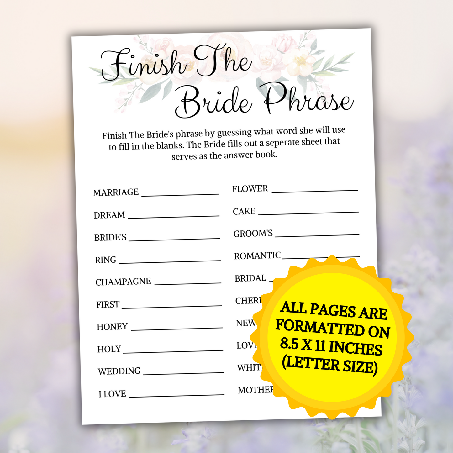 Bridal Shower Finish The Brides Phrase | Printable Minimalist Shower Game