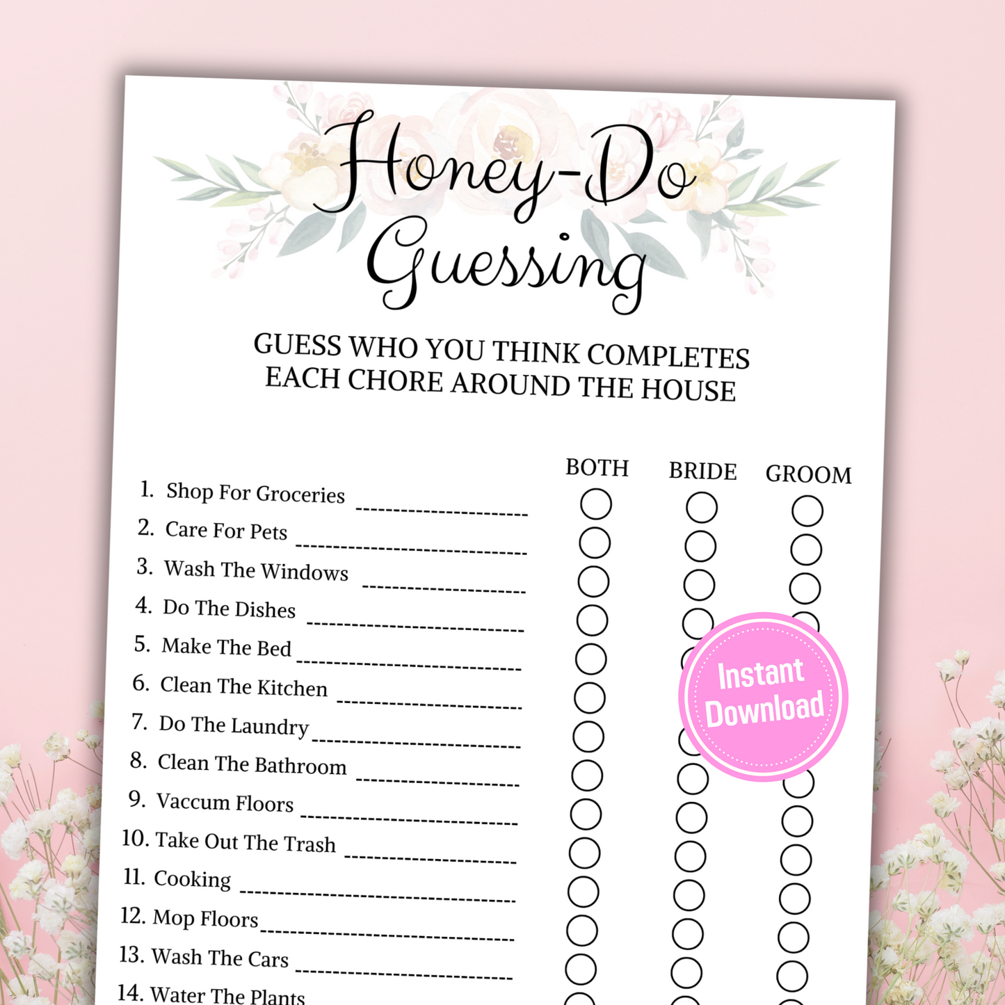 Bridal Shower Honey-Do Guessing Game | Couples Bride Groom Shower Game