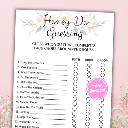 Bridal Shower Honey-Do Guessing Game | Couples Bride Groom Shower Game