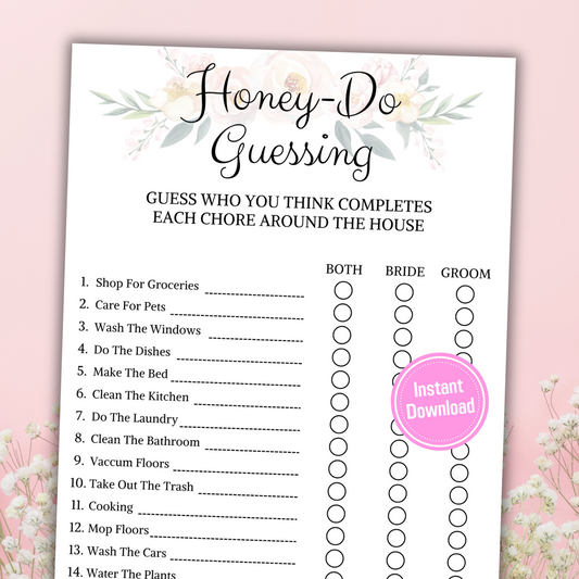 Bridal Shower Honey-Do Guessing Game | Couples Bride Groom Shower Game