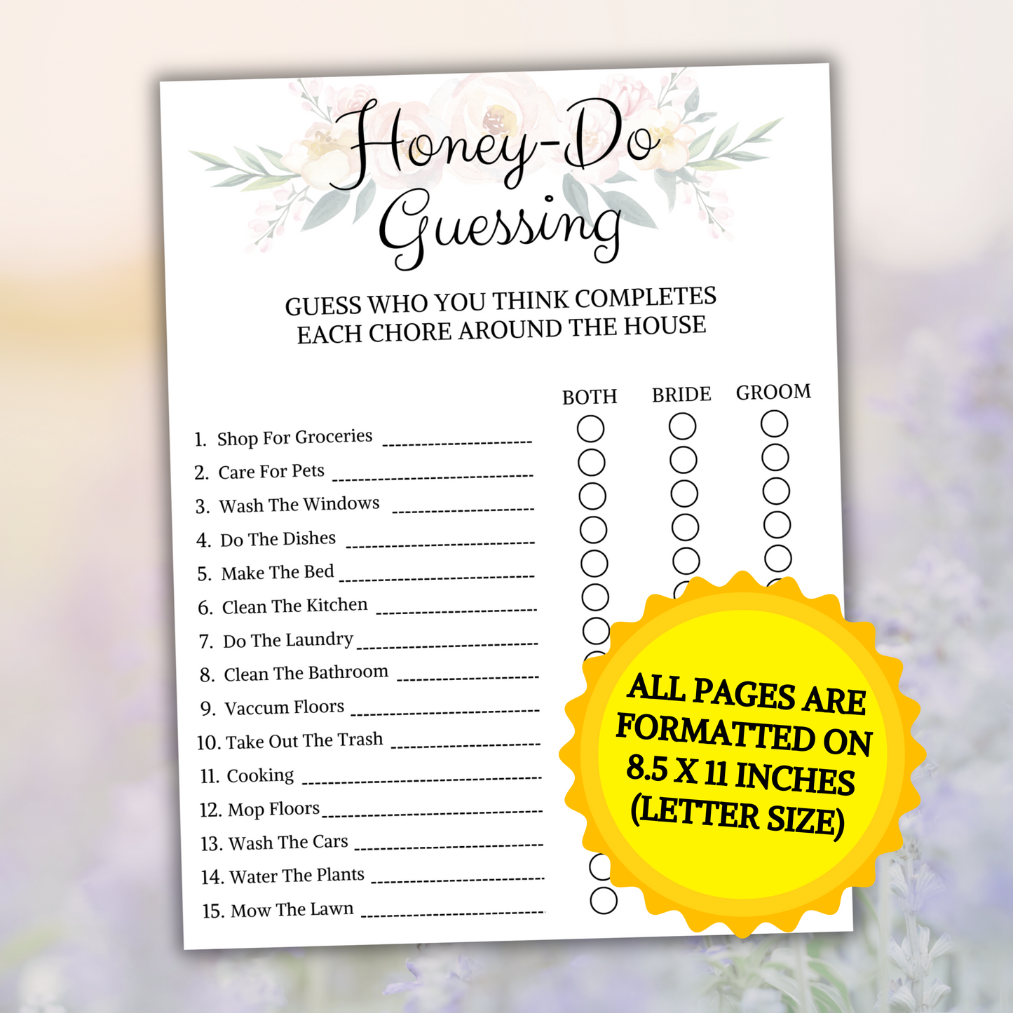 Bridal Shower Honey-Do Guessing Game | Couples Bride Groom Shower Game