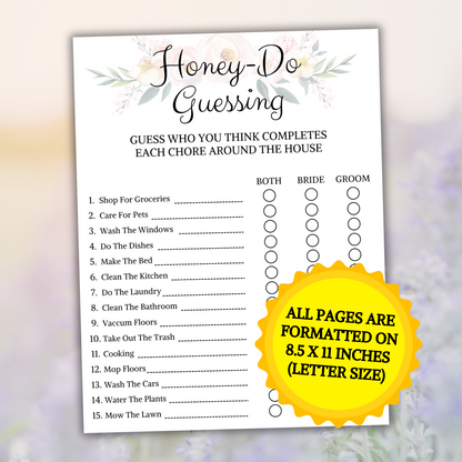 Bridal Shower Honey-Do Guessing Game | Couples Bride Groom Shower Game