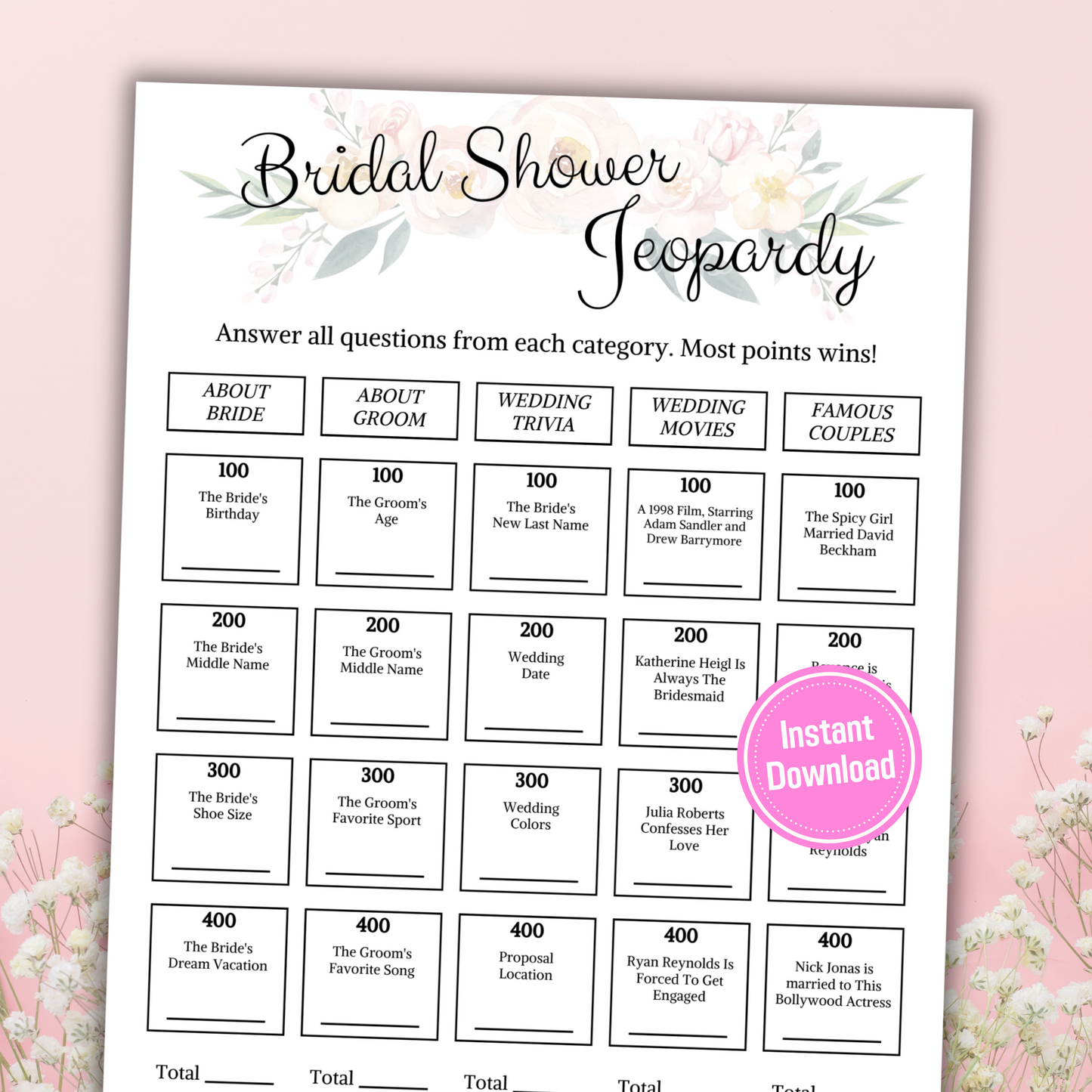 Bridal Shower Jeopardy | Printable Jeopardy Card