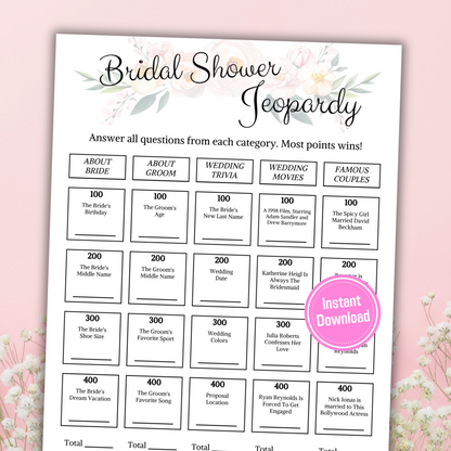 Bridal Shower Jeopardy | Printable Jeopardy Card