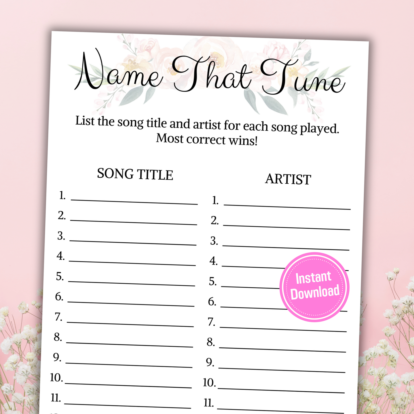 Bridal Shower Name That Tune Game | Printable Minimalist Love Songs Game