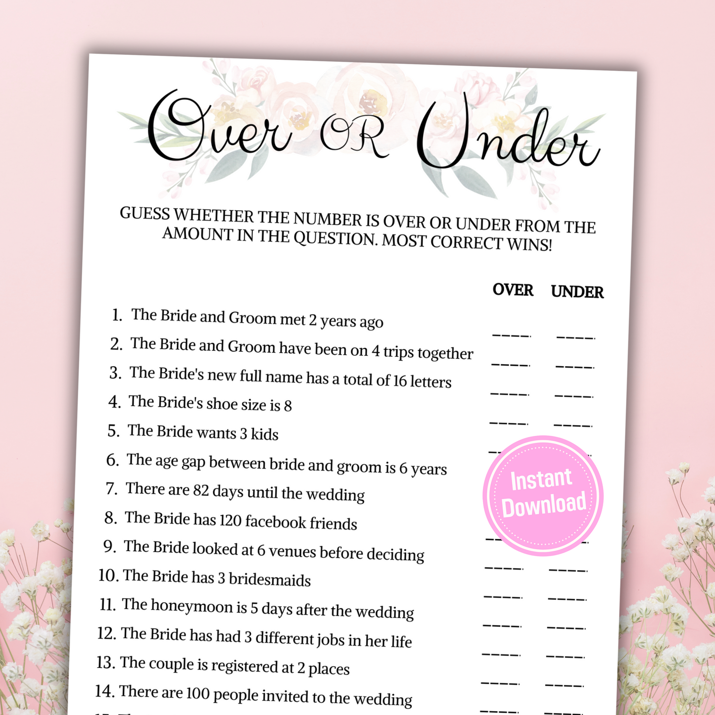 Bridal Shower Over Or Under Game | Printable Minimalist Couples Shower Game