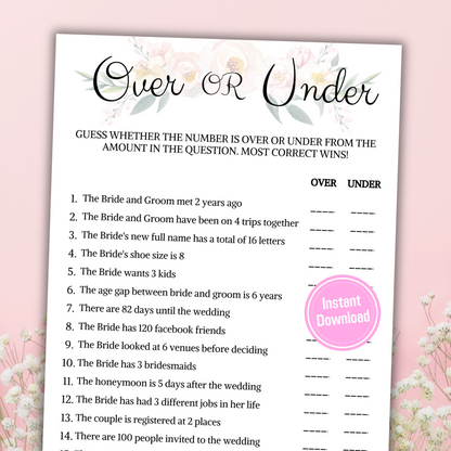 Bridal Shower Over Or Under Game | Printable Minimalist Couples Shower Game