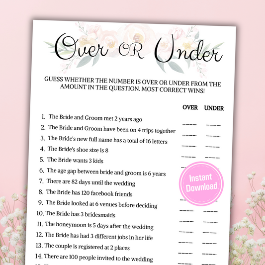 Bridal Shower Over Or Under Game | Printable Minimalist Couples Shower Game