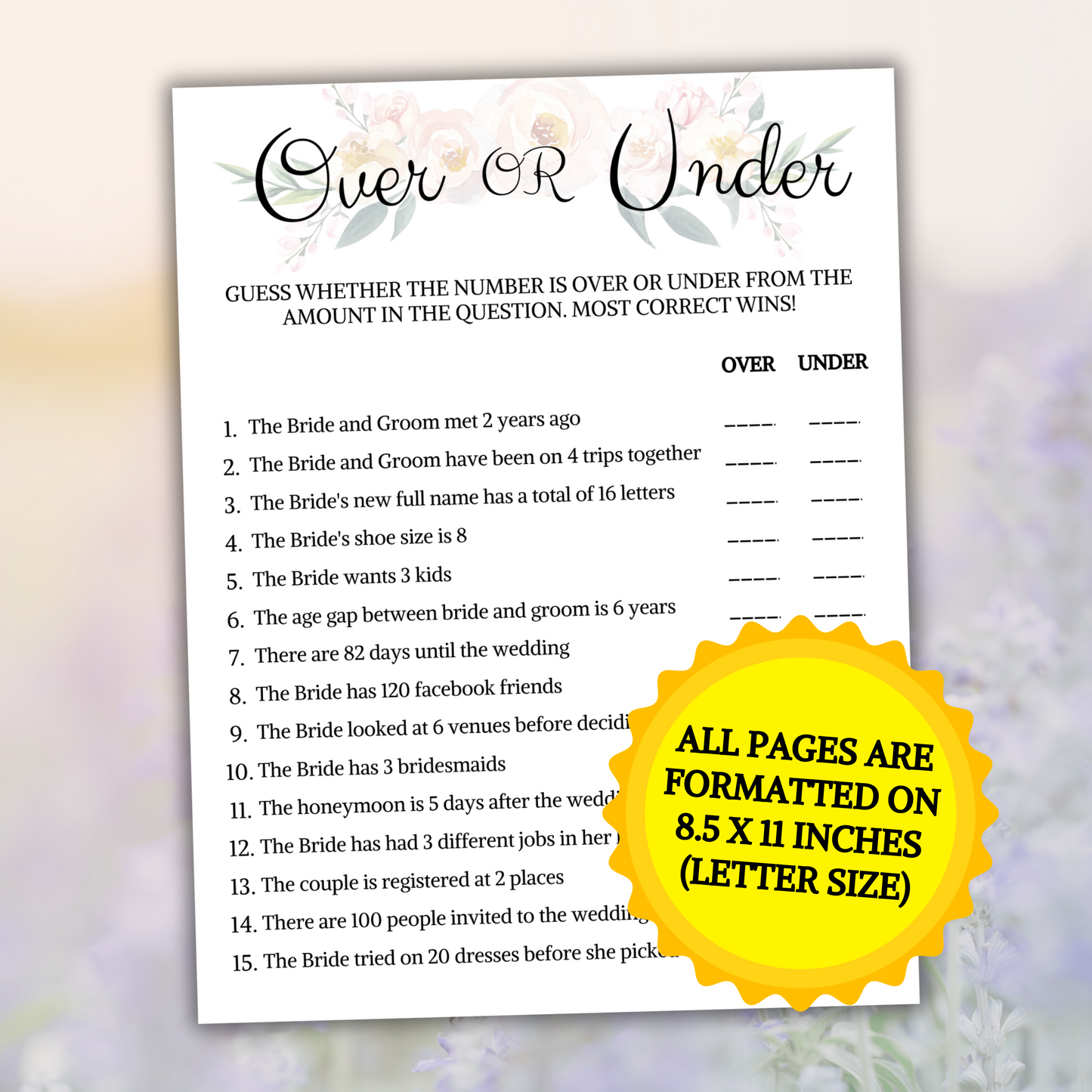 Bridal Shower Over Or Under Game | Printable Minimalist Couples Shower Game