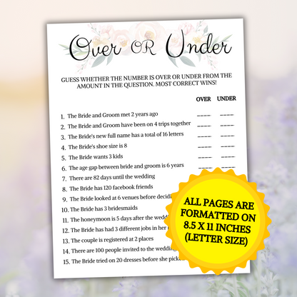 Bridal Shower Over Or Under Game | Printable Minimalist Couples Shower Game
