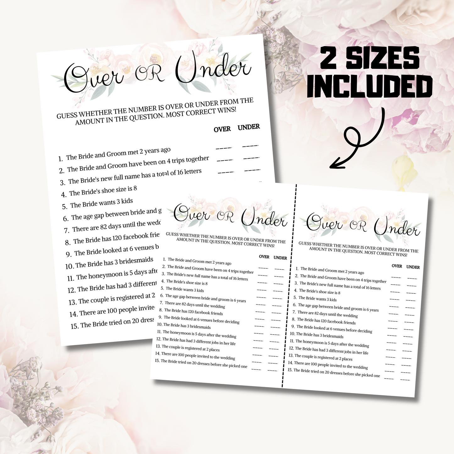 Bridal Shower Over Or Under Game | Printable Minimalist Couples Shower Game