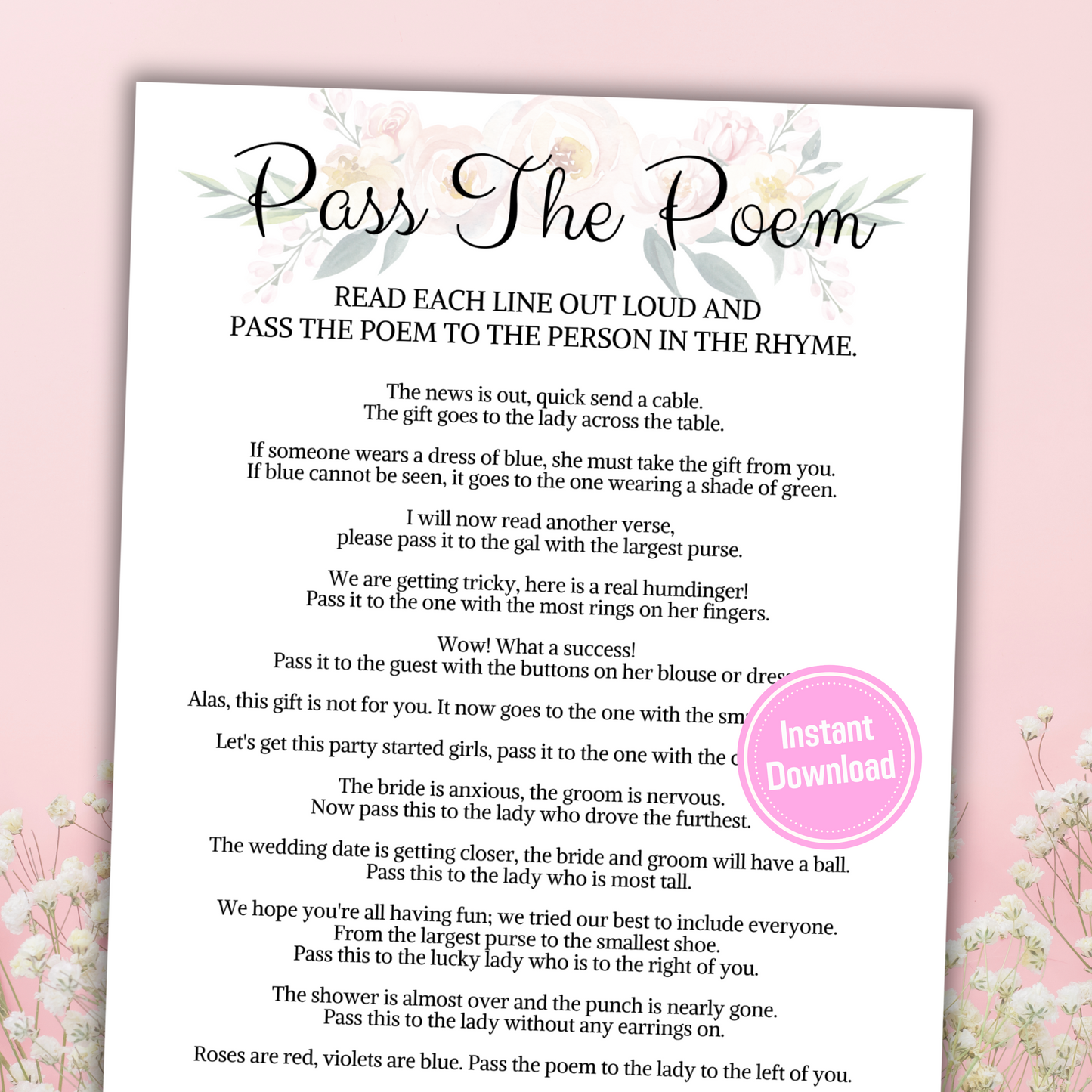 Bridal Shower Pass The Poem Game | Printable Pass The Prize Game Card