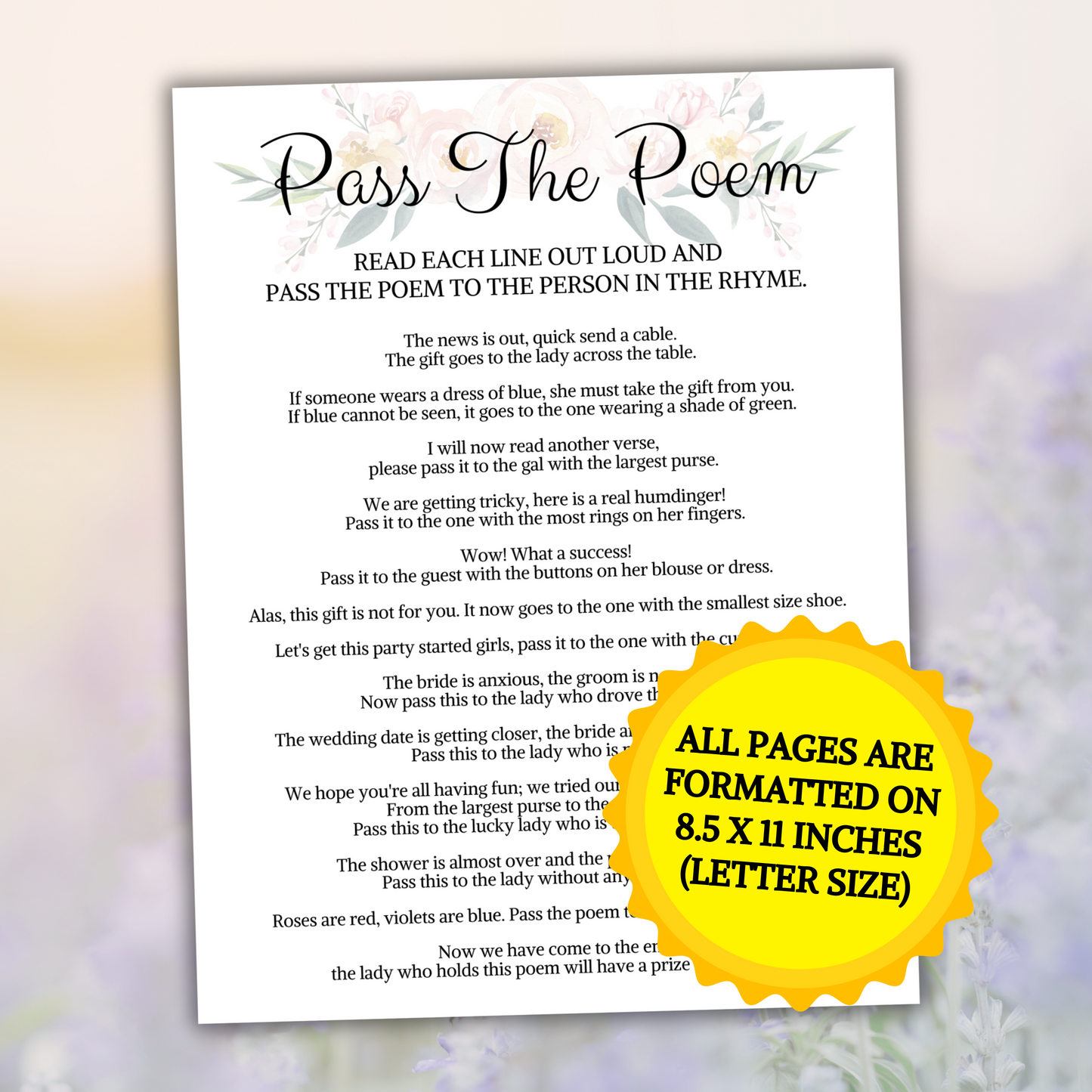 Bridal Shower Pass The Poem Game | Printable Pass The Prize Game Card