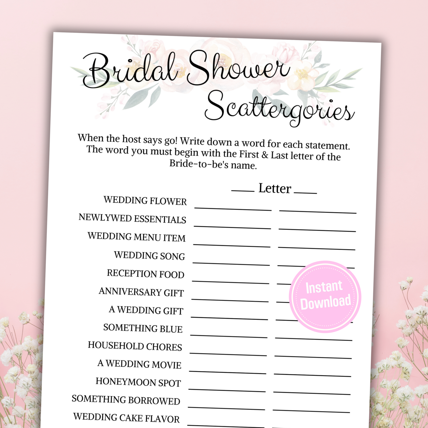 Bridal Shower Scattergories Game | Printable Minimalist Scattergories Game