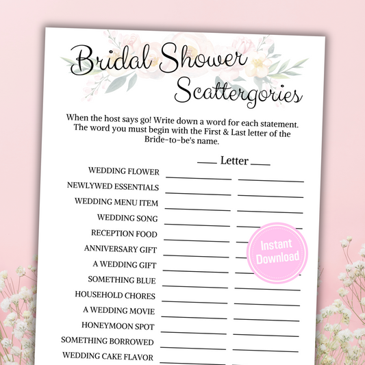 Bridal Shower Scattergories Game | Printable Minimalist Scattergories Game