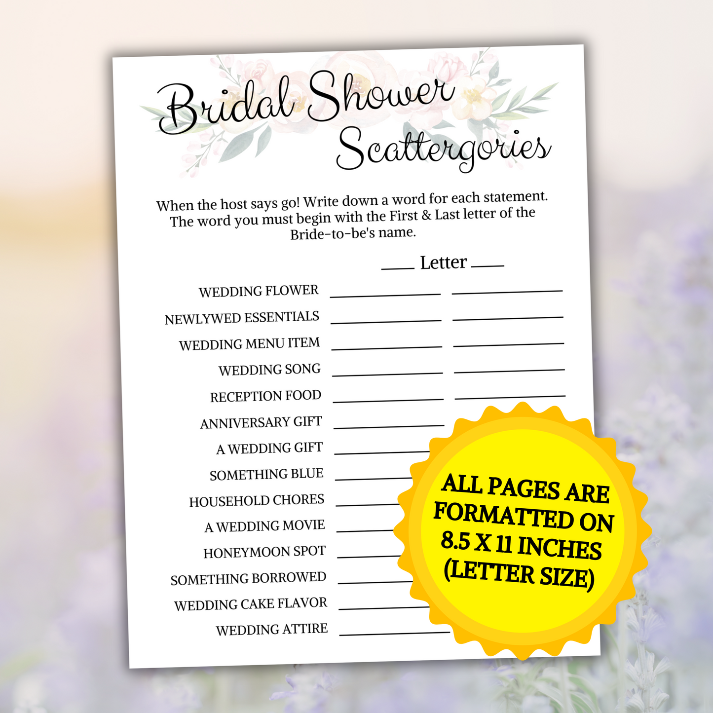 Bridal Shower Scattergories Game | Printable Minimalist Scattergories Game