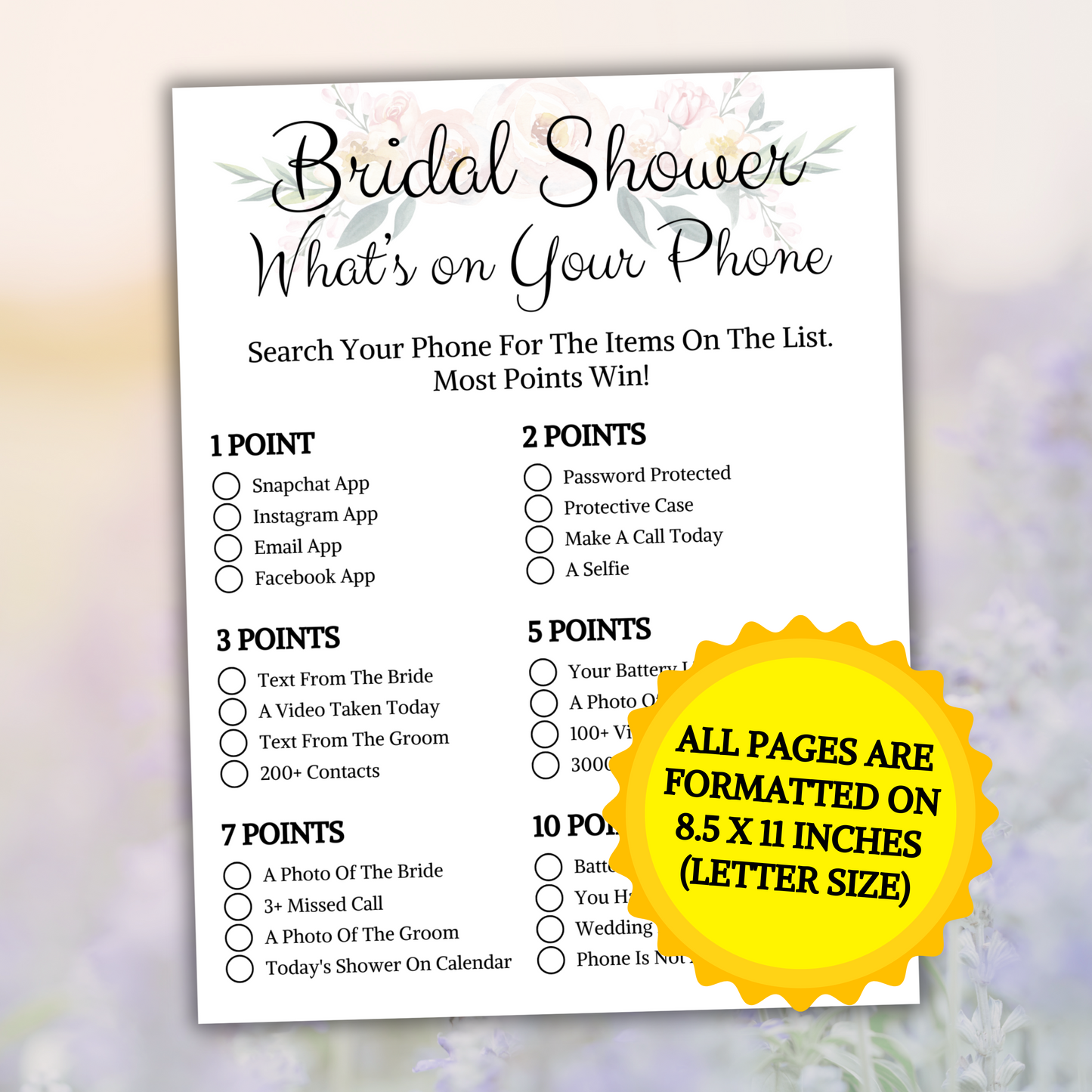 Bridal Shower Whats on Your Phone Game | What Is In Your Cell Phone Game