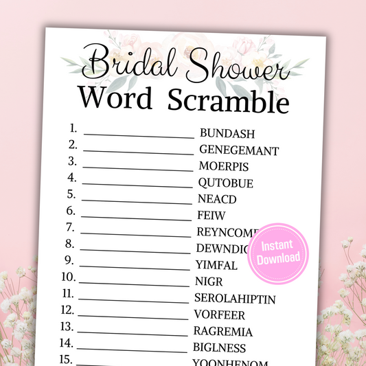 Bridal Shower Word Scramble Game | Wedding Shower Scramble Game