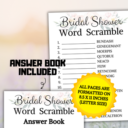 Bridal Shower Word Scramble Game | Wedding Shower Scramble Game