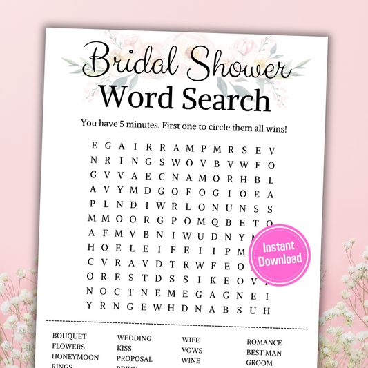 Bridal Shower Word Search Game | Minimalist Bridal Shower Word Find Game