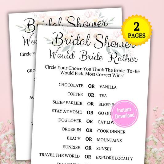 Bridal Shower Would Bride Rather Game | Who Knows The Bride Best