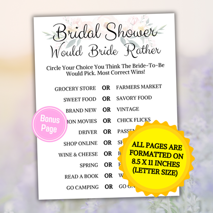 Bridal Shower Would Bride Rather Game | Who Knows The Bride Best