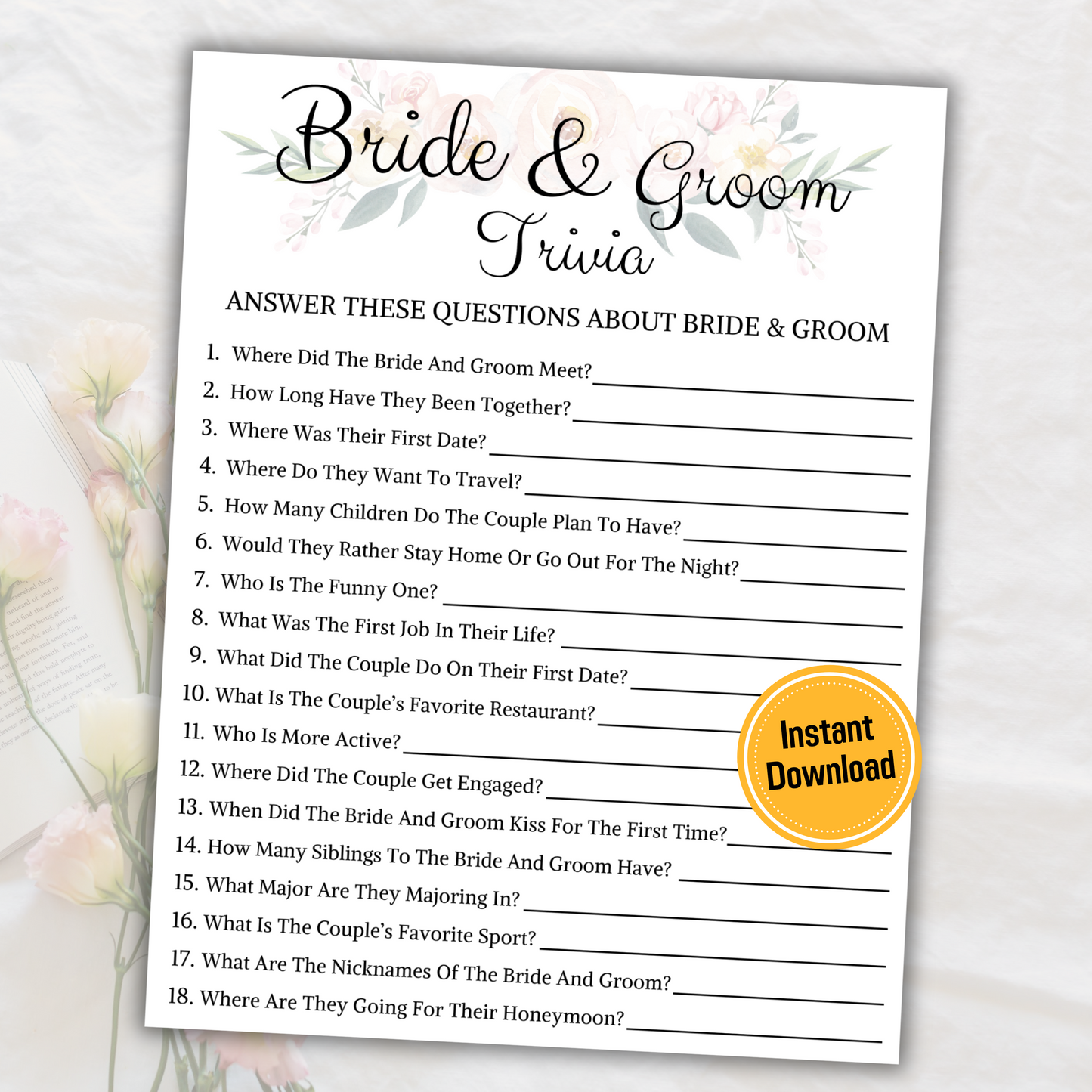 Bride And Groom Trivia Game | Printable Wedding Shower Game