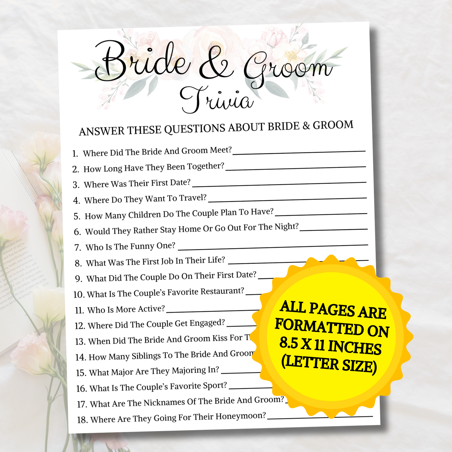 Bride And Groom Trivia Game | Printable Wedding Shower Game