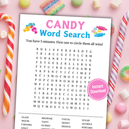 Candy Word Search Game | Minimalist Candy Party Word Find Game