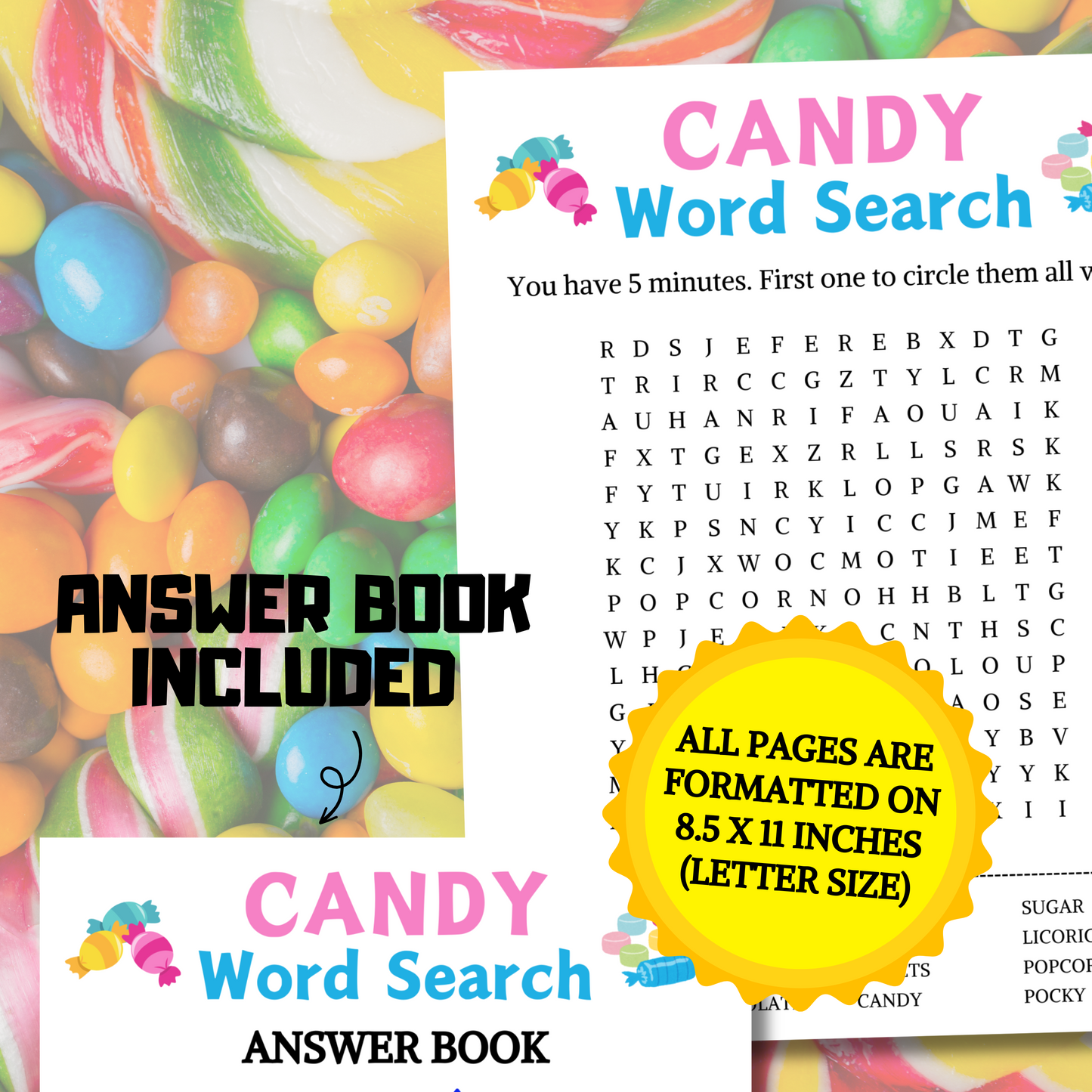 Candy Word Search Game | Minimalist Candy Party Word Find Game