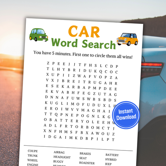 Car Word Search Game | Minimalist Car Party Word Find Game