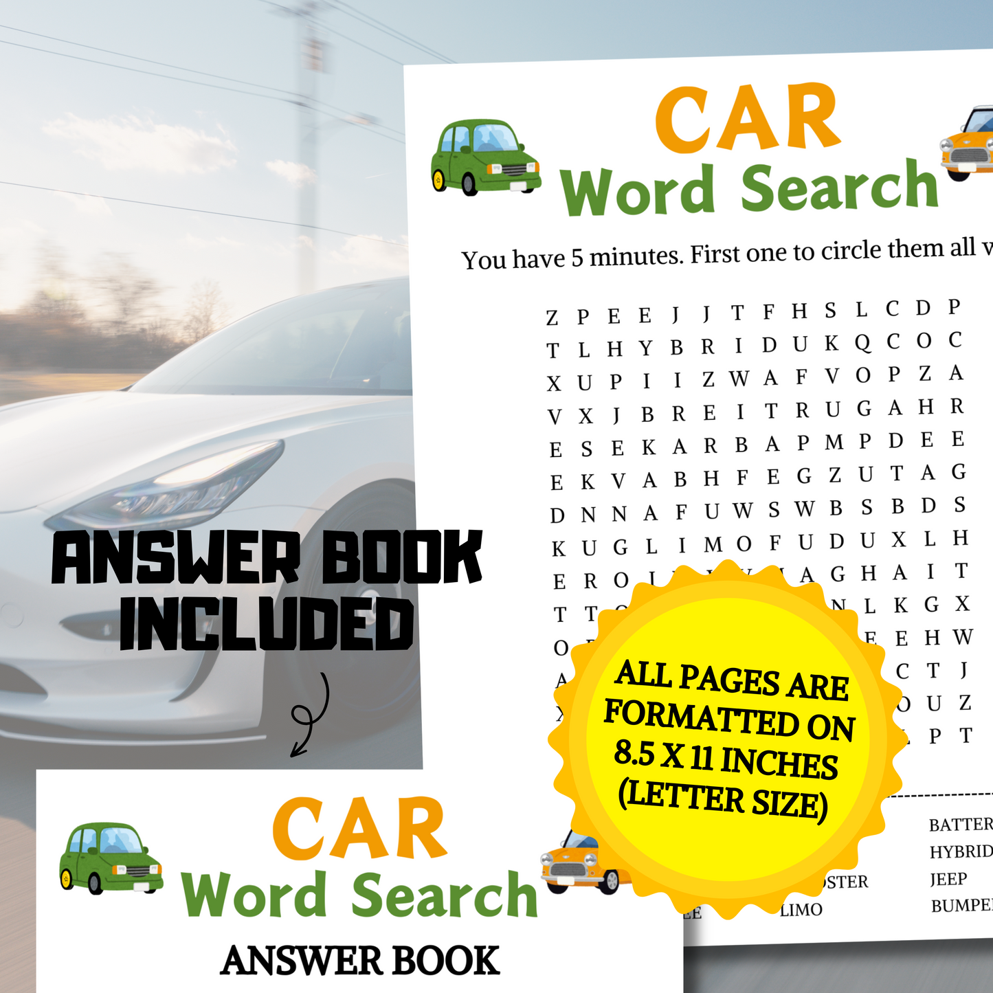 Car Word Search Game | Minimalist Car Party Word Find Game