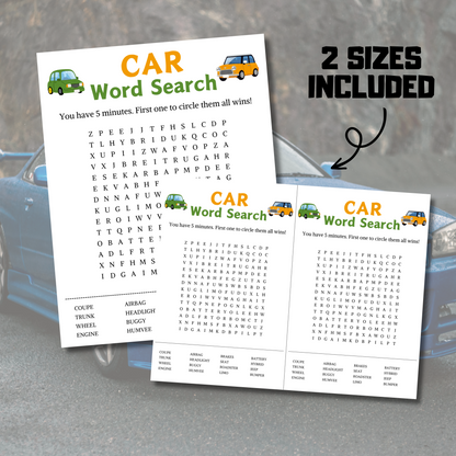 Car Word Search Game | Minimalist Car Party Word Find Game