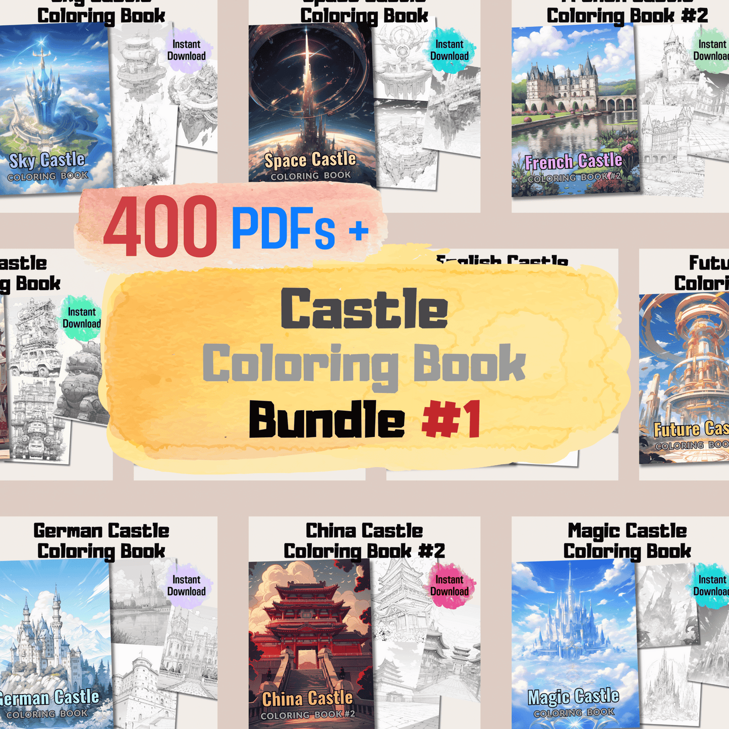 Castle Coloring Book Bundle, 400 Coloring Pages Bundle + 10 Covers