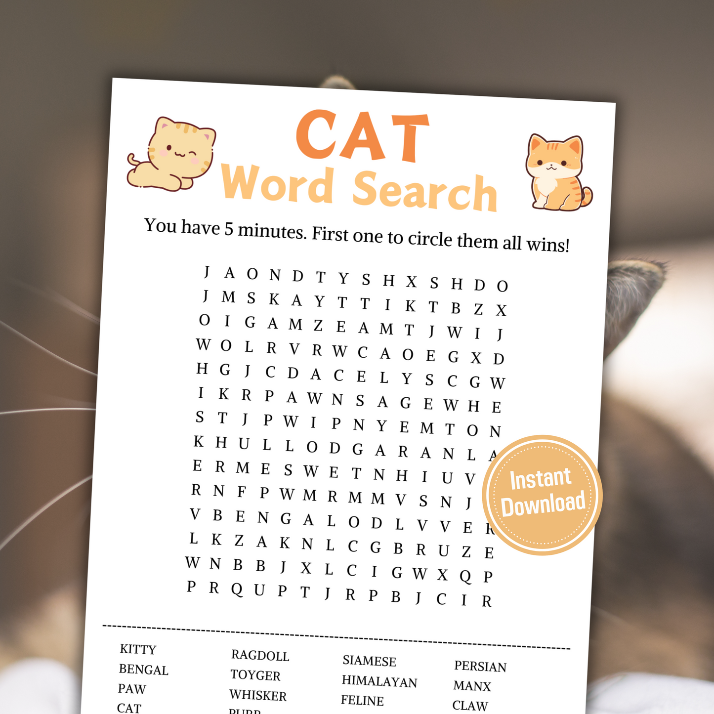Cat Word Search Game | Minimalist Cat Party Word Find Game