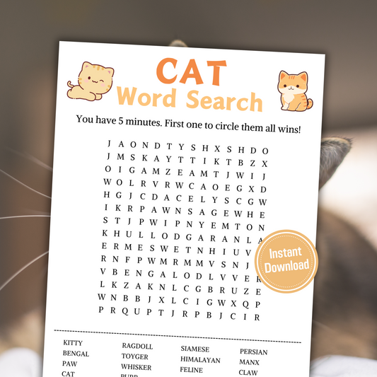 Cat Word Search Game | Minimalist Cat Party Word Find Game