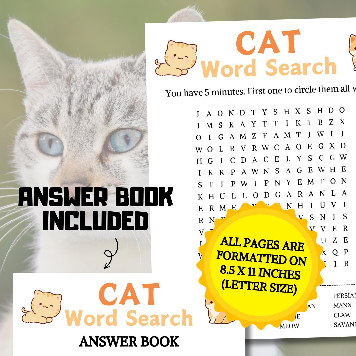 Cat Word Search Game | Minimalist Cat Party Word Find Game