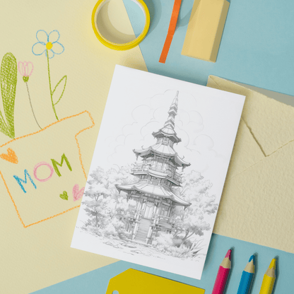 20 Pages China Castle Coloring Book, Detailed Chinese Architecture Art