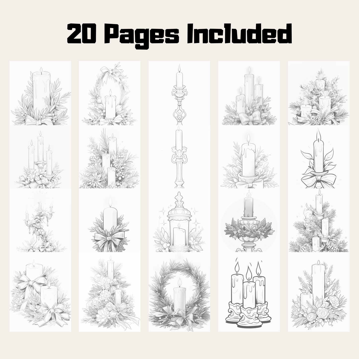 Christmas Candle Coloring Book, 20 Pages Candle Grayscale Coloring Pages Perfect For All Ages