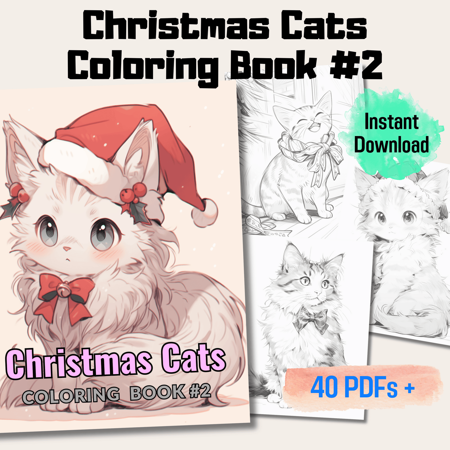 20 Pages Christmas Cats Coloring Book, Cat Grayscale Coloring Pages For All Ages