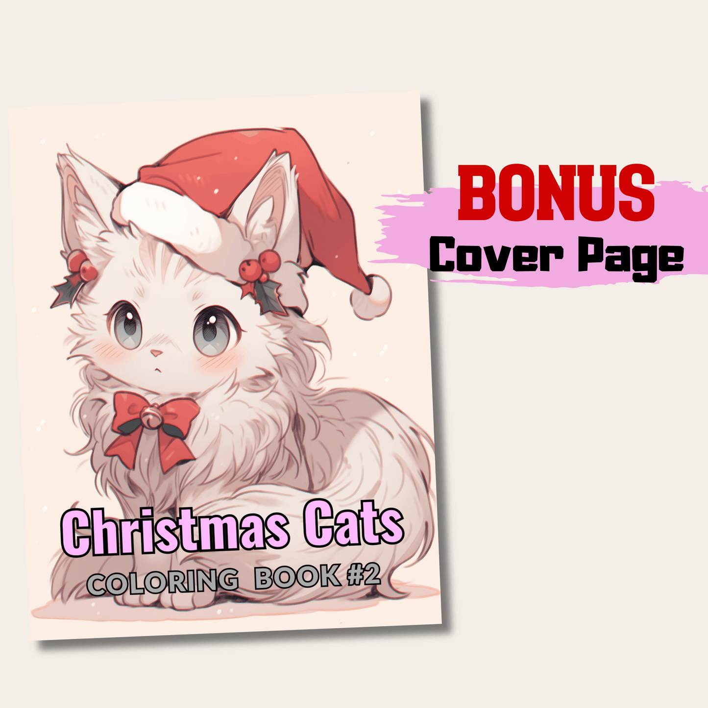 20 Pages Christmas Cats Coloring Book, Cat Grayscale Coloring Pages For All Ages