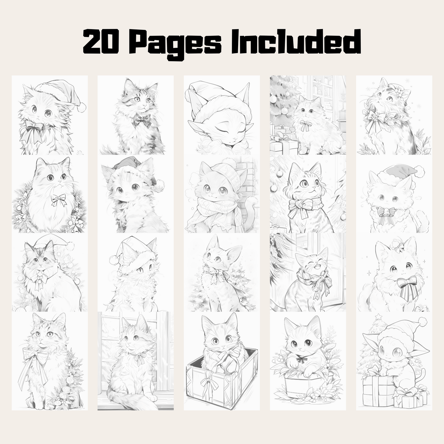 20 Pages Christmas Cats Coloring Book, Cat Grayscale Coloring Pages For All Ages