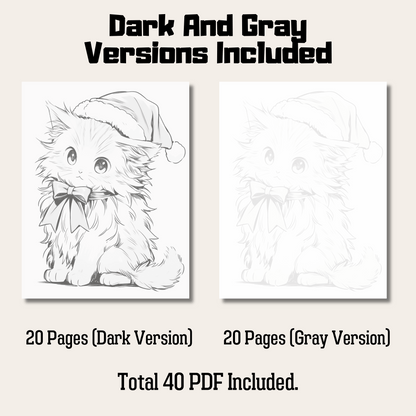20 Pages Christmas Cats Coloring Book, Cat Grayscale Coloring Pages For All Ages