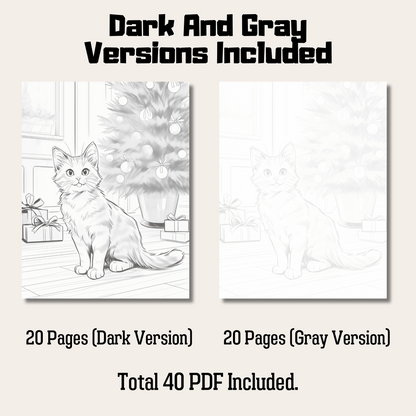 Christmas Cats Grayscale Coloring Book, 20 Page Festive Feline Art for Relaxation and Creativity