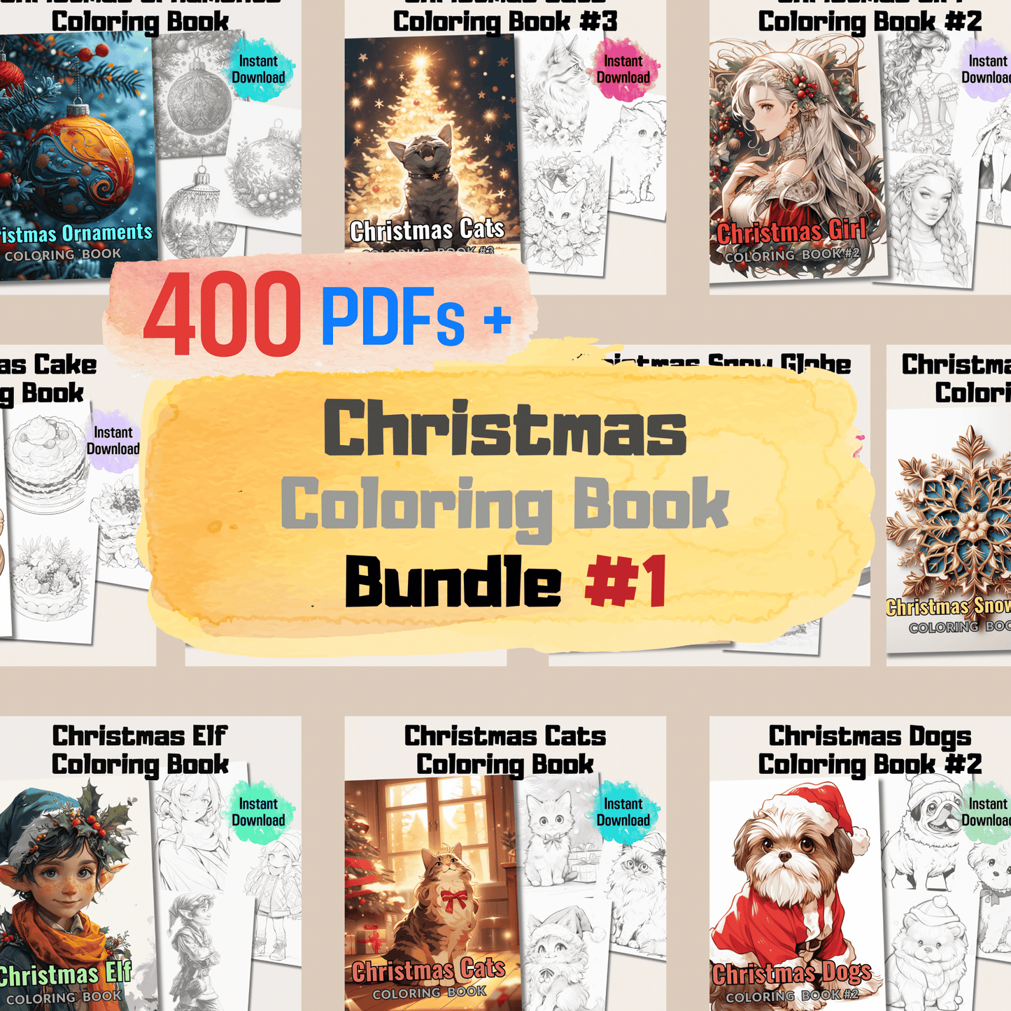 Christmas Coloring Book Bundle, Christmas Grayscale Coloring Pages for All Ages