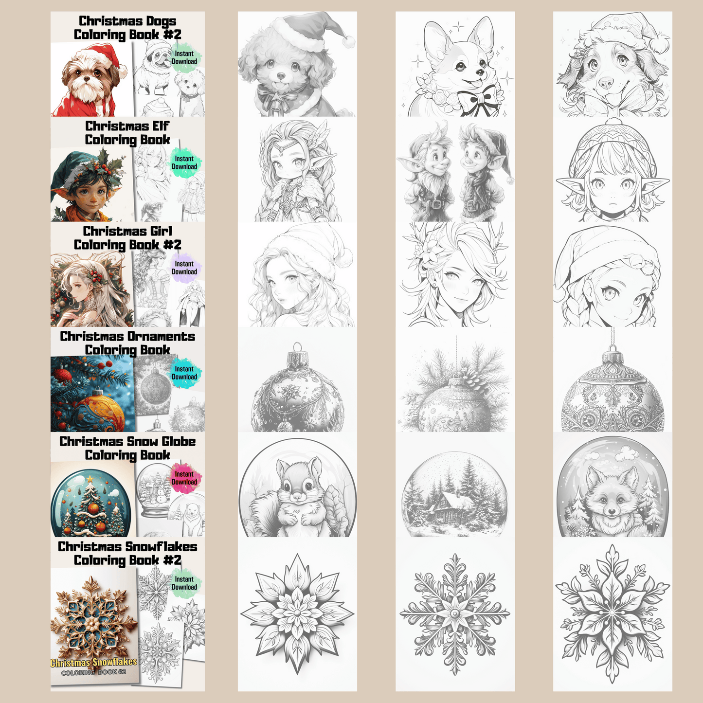 Christmas Coloring Book Bundle, Christmas Grayscale Coloring Pages for All Ages