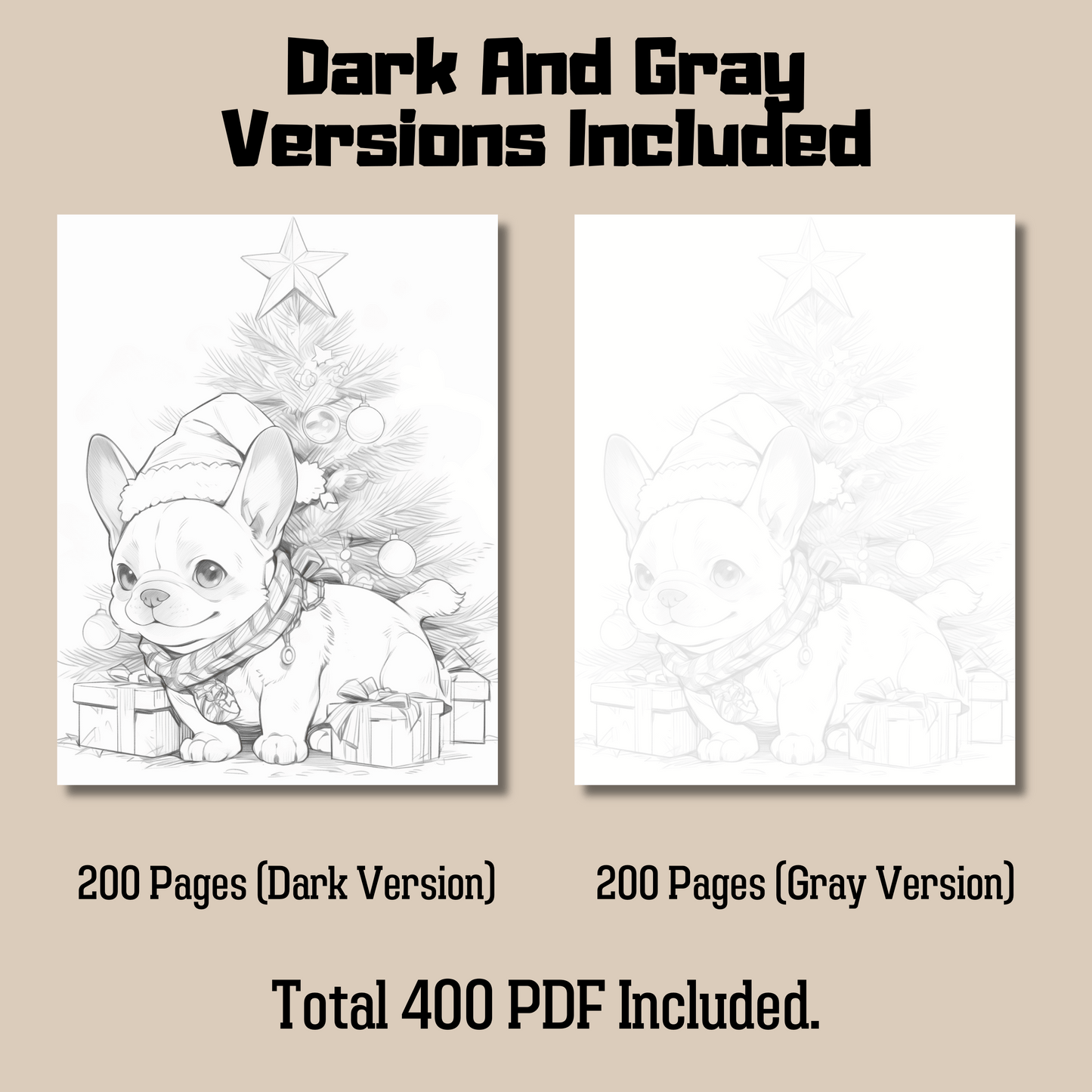 400 Pages Christmas Grayscale Coloring Book Bundle, Christmas Cats Coloring Pages for All Ages