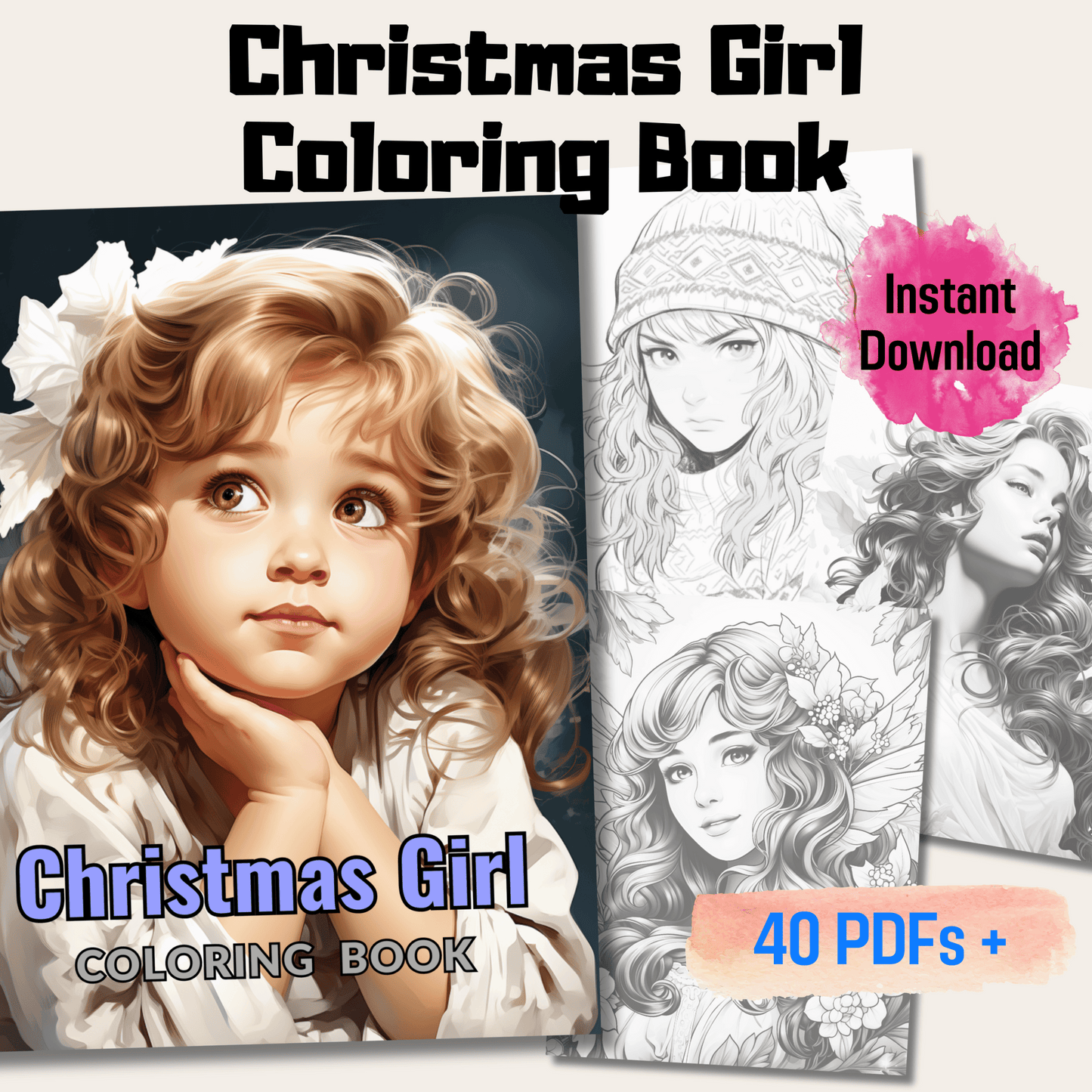 Christmas Girl Coloring Book, 20 Christmas Girl Grayscale Coloring Pages